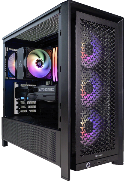 NEXYR Core – echte voorbeeldfoto van een vergelijkbare zwarte Corsair FRAME 4000D gaming-pc